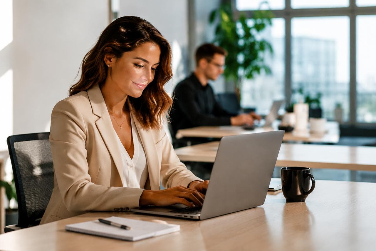 Accounting professional reviewing documents at a laptop in a modern office